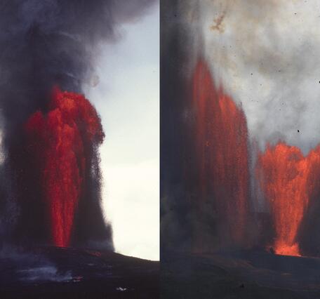 Color photographs of lava fountains during two different eruptions