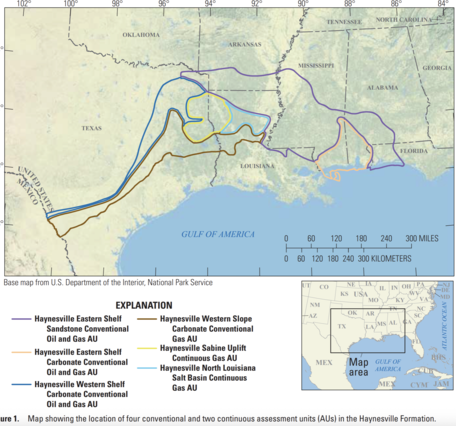 Map of the Gulf Coast from the Texas-Mexico border to the Florida panhandle showing Haynesville oil and gas assessment units.