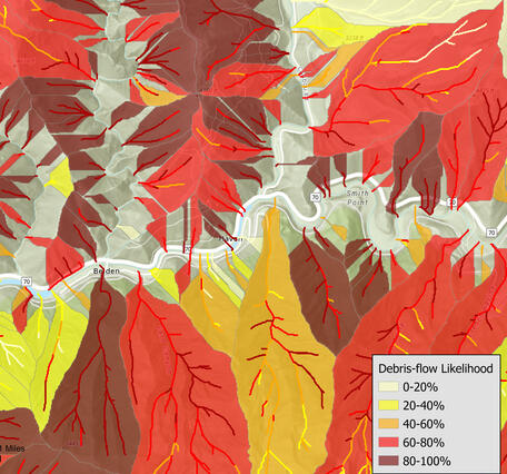 Multi colored polygons and lines on top of topographic map