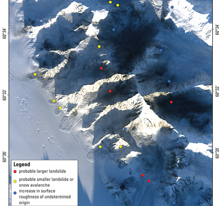 Landsat image showing landslide points in snowy mountains