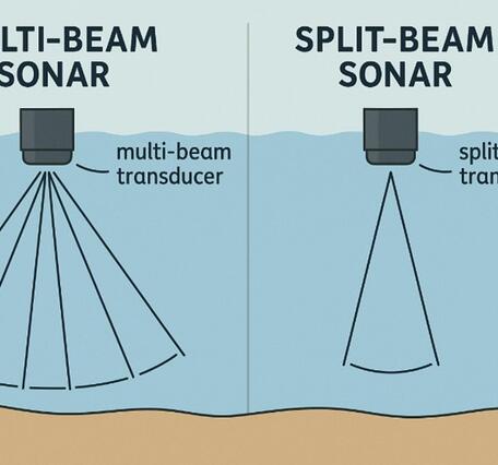 Figure 1. Diagram showing basic difference between multi-beam and split beam sonar transducers.