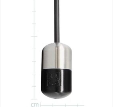 A black and silver microphone with black cable. 4.5 centimeters long and about 3 centimeters wide.