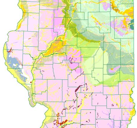 Map of the state of Illinois including county boundaries showing distribution of glacial deposits in different colors. 