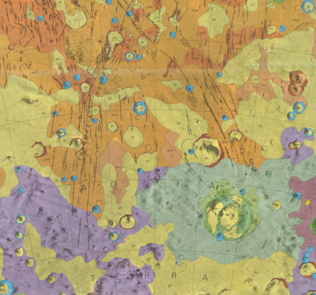 Inset of USGS IMAP 1077: Geologic map of the Thaumasia Quadrangle of Mars