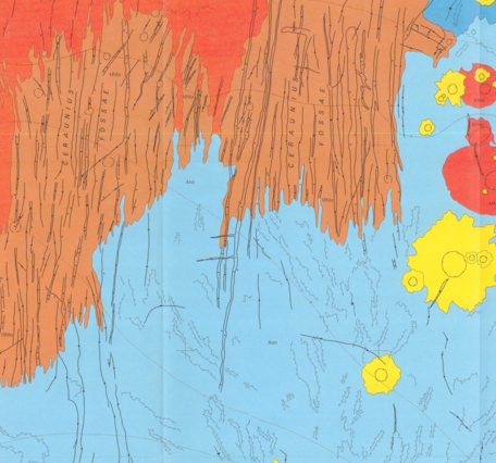 Inset of USGS IMAP 1267: Map showing lava flows in the northeast part of the Tharsis Quadrangle of Mars