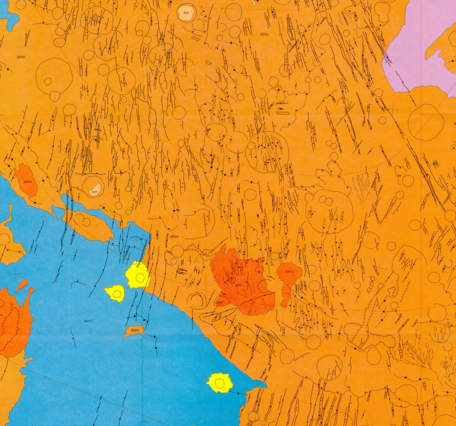 Inset of USGS IMAP 1273: Map showing lava flows in the northwest part of the Thaumasia Quadrangle of Mars