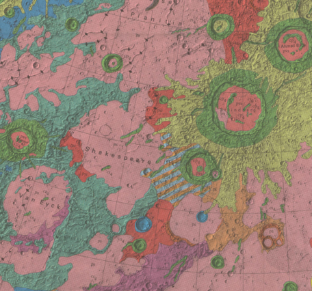 Inset of USGS IMAP 1408: Geologic map of the Shakespeare Quadrangle of Mercury