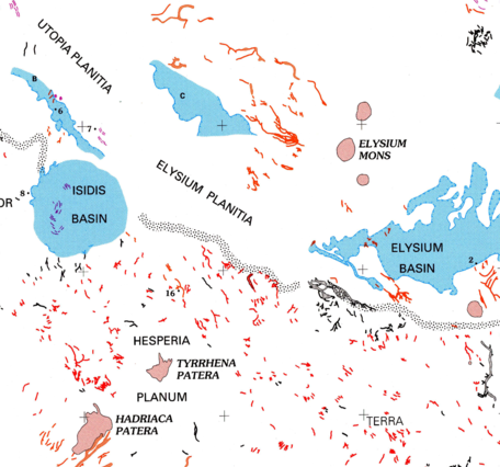 Inset of USGS IMAP 2461: Map of Mars showing channels and possible paleolake basins