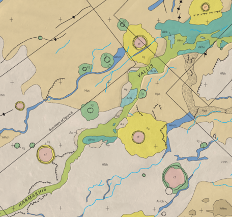 Inset of USGS IMAP 2557: Geologic map of the Dao, Harmakhis, and Reull Valles region of Mars