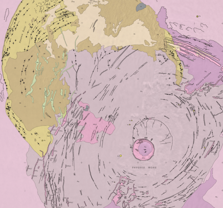 Inset of USGS IMAP 2561: Geologic map of Pavonis Mons Volcano, Mars