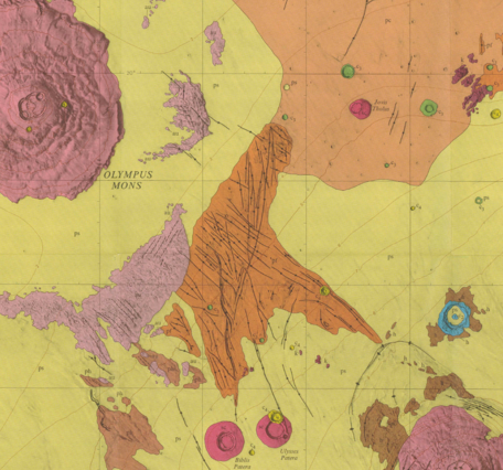Inset of USGS IMAP 893: Geologic map of the Tharsis Quadrangle of Mars