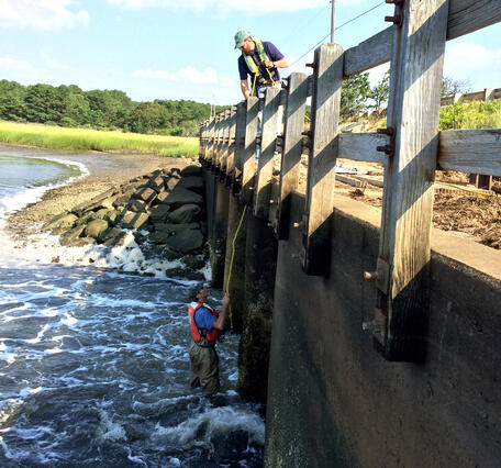 USGS staff installing monitoring equipment on the Chequessett Neck Road dike, Wellfleet, Massachusetts