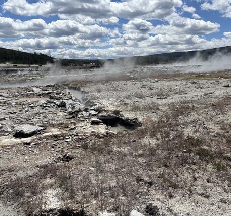 Barren, steaming ground with a water-filled crack trending away from the photographer