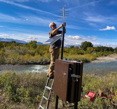 Hydrologist on a ladder installing wire to antenna connected to streamgage box with creek in background 