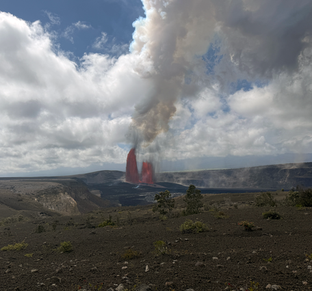 Lava fountains erupting in a crater