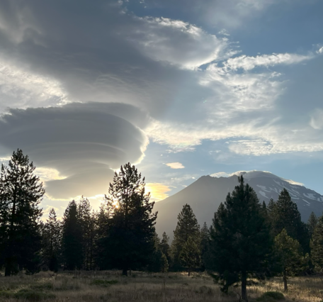 A photograph taken on the forested lower slopes of a mountain looks toward a snowy peak. A stack of saucer-shaped clouds to the left of the mountain are illuminated by the rays of the sun as they peek over the slopes. In the foreground, pine trees are thrown into stark contrast by the dramatic sky above.