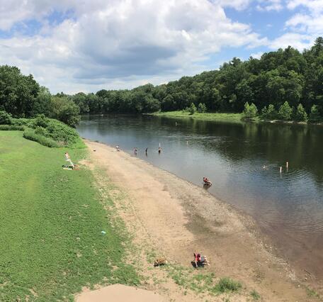 Panoramic view from the deck of the gage house looking over the park and the river