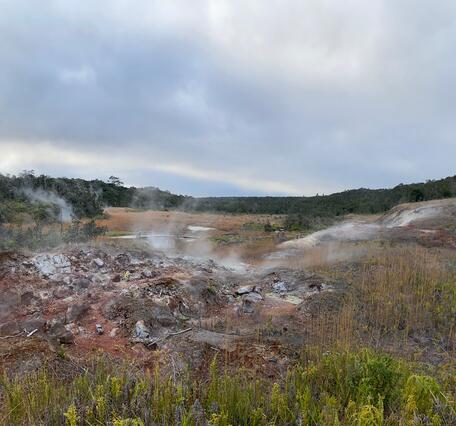 Color photograph of altered rock and steaming ground