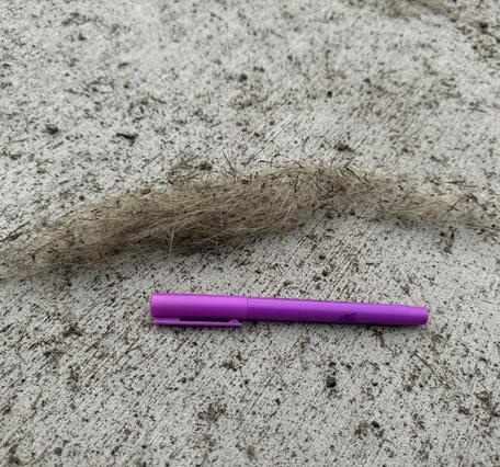 Strands of volcanic glass and ash on the ground with a highlighter for scale