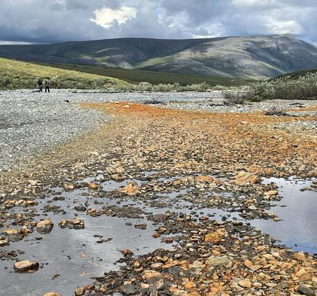 Orange-stained rock along a creek bed.