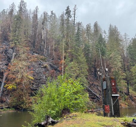Streamgage by burned hillside