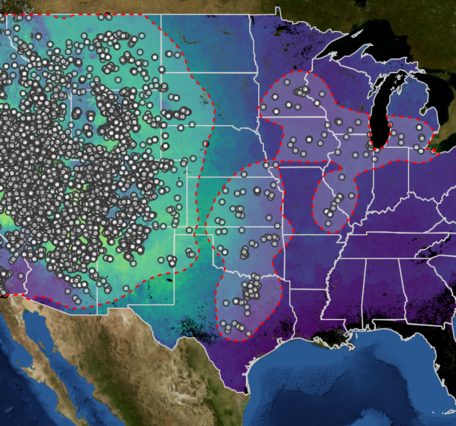 map of the US with color gradient, white dots, and red polygon; a key in the upper right corner explains features