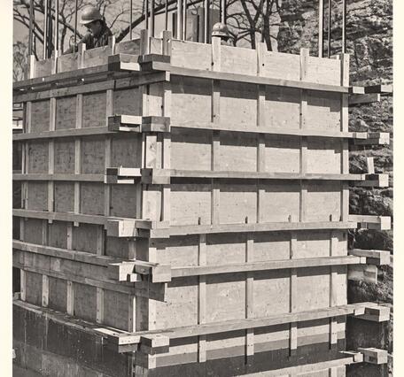 Wooden housing for the concrete form of the gage structure.