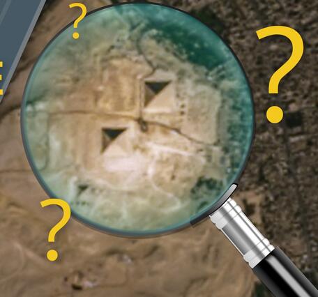A mix of satellite images, a magnifying glass, small satellite, title and question marks