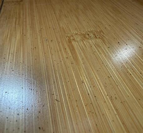 Color photograph of floor with volcanic fallout particles on it