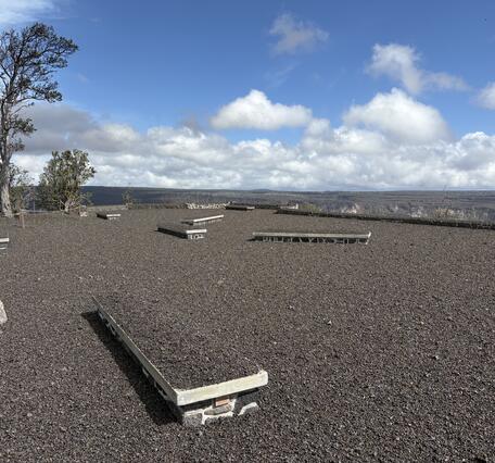 Color photograph of volcanic fallout on overlook