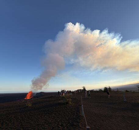 Wide view of lava fountain, rising gas plume, and viewing area