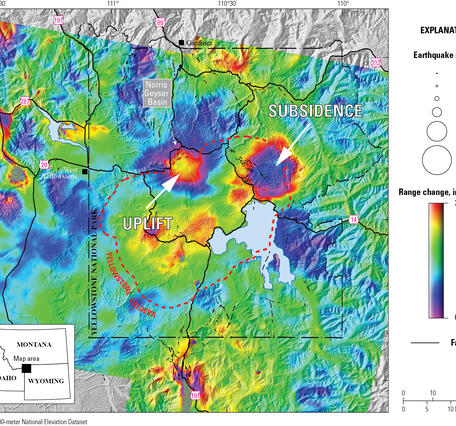 Colorful map of Yellowstone region with bullseyes of color on the north caldera rim and east caldera.