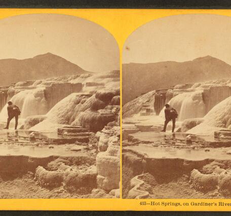 side-by-side sepia-toned image of a man bent over examining water flowing from a hot spring terrace