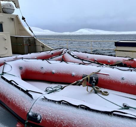 Red inflatable rafts with snow on top. Rafts on ship with snow covered mountains and sea in background.  