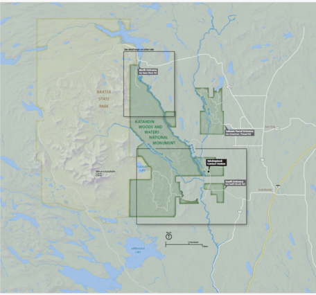 A map of Katahdin Woods and Waters National Monument.