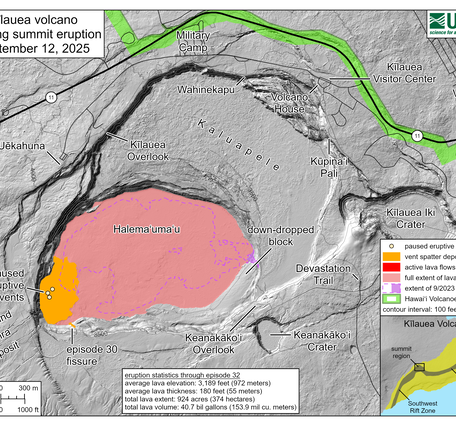 Color map showing area covered by lava flows in recent volcanic eruption
