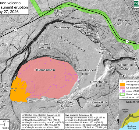 Color map showing area covered by lava flows in recent volcanic eruption