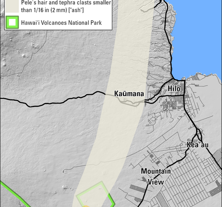 Color map showing the area of a volcano affected by fallout during a lava fountaining episode