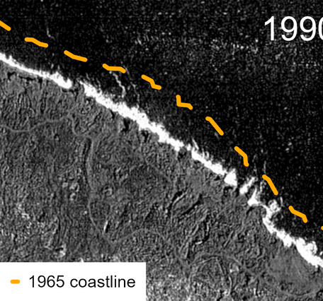 Color photograph showing changes to a coastline over time