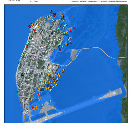 Kotzebue flood exposure map showing potential reach of floodwaters and the associated risk to structures