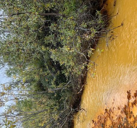 A pale orange river and dark orange deposits on river bank.