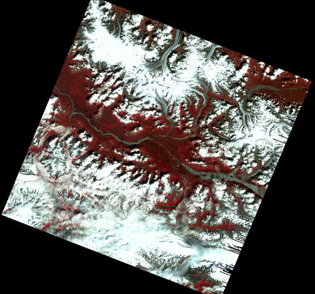 Satellite image of glaciers in Alaska show in colors of red and white
