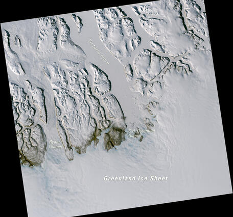 Satellite image of northern Greenland showing Ryder Glacier, C.H. Ostenfeld Glacier, Victoria Fjord, and Greenland Ice Sheet
