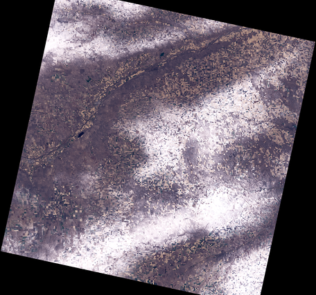 A Landsat satellite image showing bands of snow 