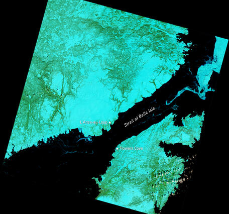 Satellite image of the Strait of Belle Isle showing L’Anse-au-Loup and Flowers Cove