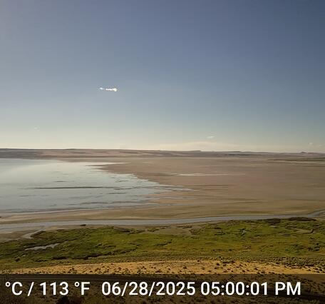shallow lake water on the left and exposed lakebed on the right. Clear, sunny day.