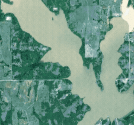 Satellite data showing flooding extents before and after a 6 feet lake level rise in Lake Fuqua, Oklahoma following the flood