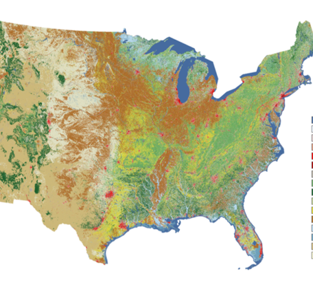 Map of land cover across the United States with legend of colors 