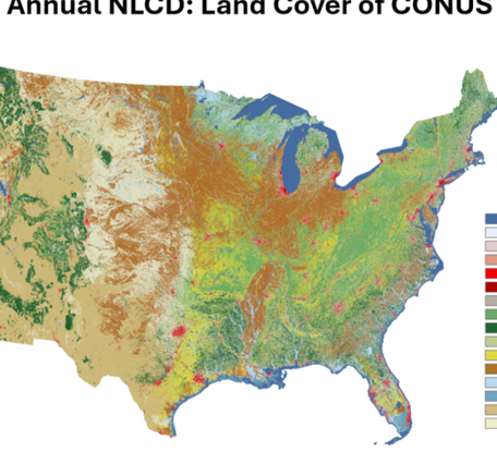 Map of land cover across the United States with legend of colors 