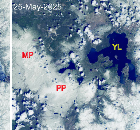 Satellite images that depict lessening snow over time in the Yellowstone region during May to June 2025